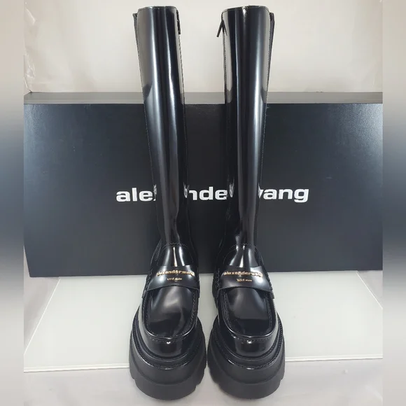 NWT$995 Alexander Wang Carter Black Patent Leather Platform Tall Boots Sz 38 - Picture 5 of 16